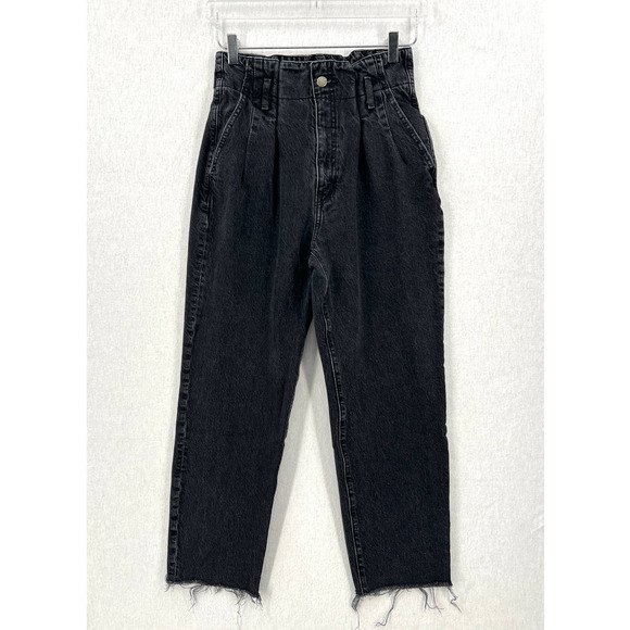 ABERCROMBIE & FITCH Mom Jeans Womens 27 4 Black High Rise Paperbag Tapered Raw - Picture 2 of 14